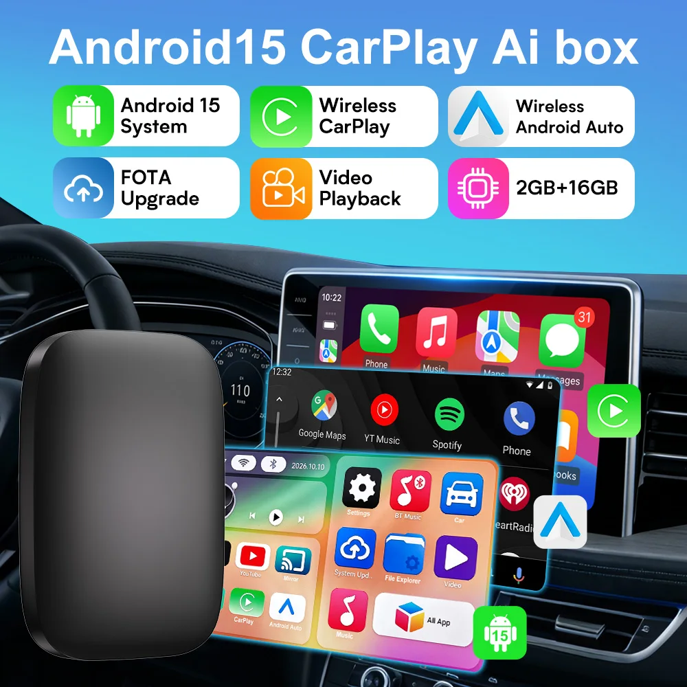 VCARLINKPLAY Carplay Ai Box Bezprzewodowy Adapter Android Auto Carplay do Netflixu i YouTube'a, Inteligentny System Android 15 do Samochodu, Prezent