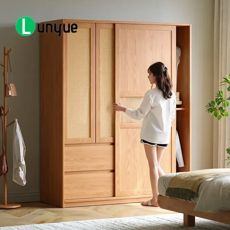 Solid Wood Oak Sliding Door Wardrobe with Rattan Cabinet Large Storage for Bedroom Small Apartment Household Furniture