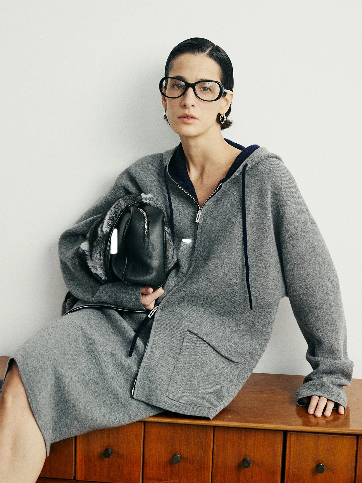 

High Gauge Wool Camere Double Sided Zipper Knitted Open Cardigan Elastic Waist Hooded Casual Sle Women's Knittedwear