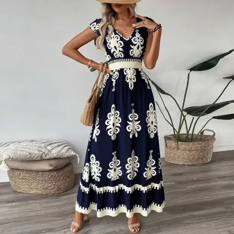 Women's Summer Casual V-neck Bohemian Long Dress Loose A-line Floral Dress with Pockets