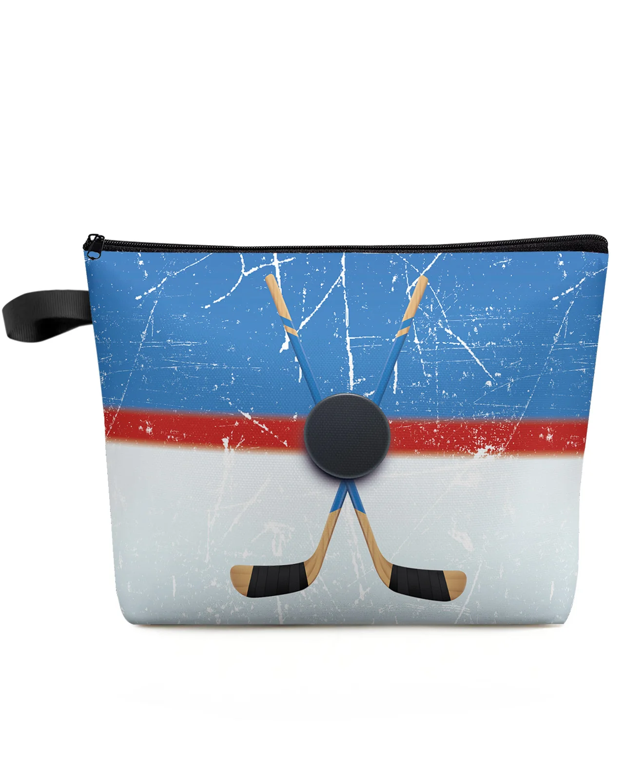 Sport Hockey Blue Stadium Retro Large Cosmetic Bag For Women Make Up Pouch Portable Washbag Toiletries Organizer Storage Hangbag