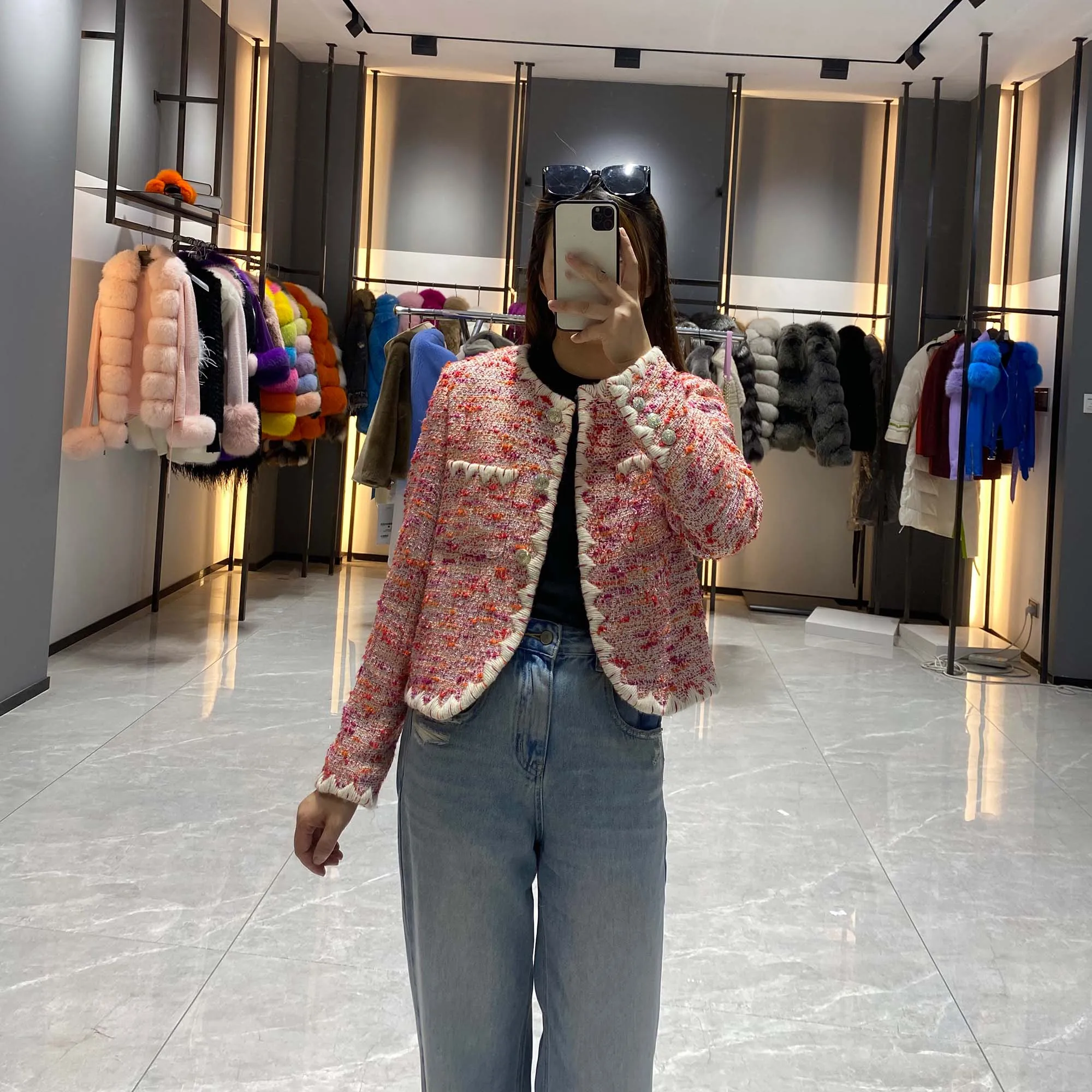 Autumn Blazer Tweed  Gentle Elegant Short Pink Color Women Official Lady Cardigan Top Jacket