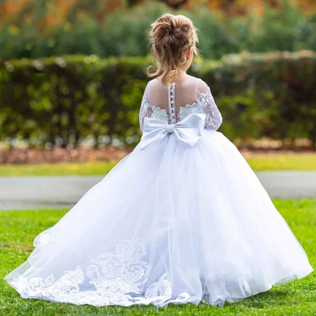 Customized Flower Girl Dresses White Appliques With Trailing And Bow Long Sleeve For Wedding Birthday Prom Holy Communion Gown