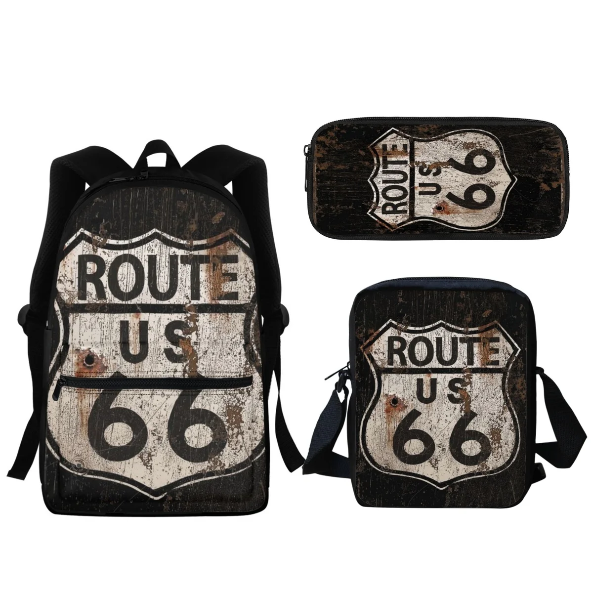 2023 American Route 66 3D Impressão School Bag Set Meninos Adolescentes Meninas Crianças Moda Escolar Mochila Lápis Estojo de Aprendizagem Ferramentas Novo