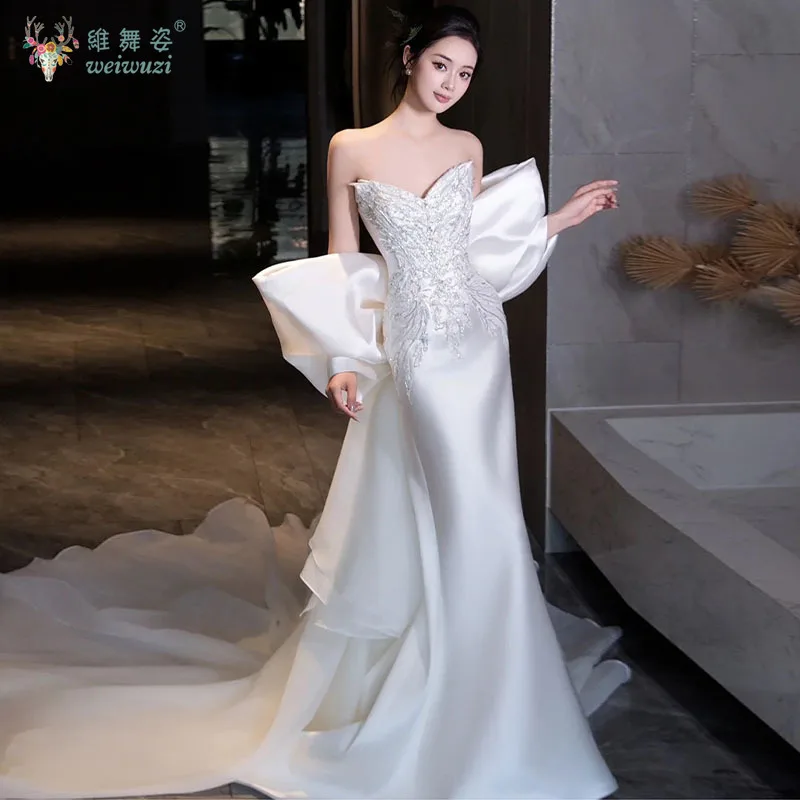

Luxury Sequin Bead Embroidered Bridal Wedding Dress French Minimalist Satin Slim Fit Strapless Fish Tail Light Wedding Dress