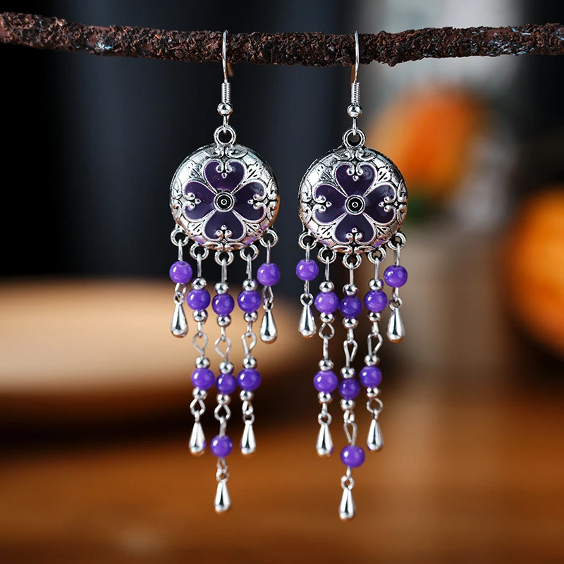 Vintage Ethnic Style Metal Tassel Water Drop Earrings for Women Round Drop Glaze Crystal Beads Handmade Earring Female Jewelry