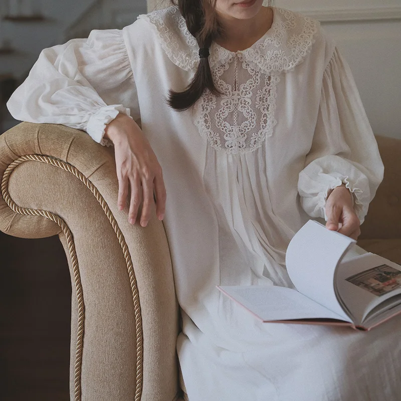 Women Nightgowns Retro Princess Sweet Girls Sleeping Skirt 100% Cotton Long Loose Home Sleepwear Fairy Morning Robe Spring