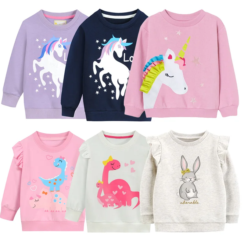 Little Hand Girls Sweatshirt Cute Unicorn Dinosaur Print Crew Neck Long Sleeve Kids Top Kids Pullover Tops for 2-7 Years Old