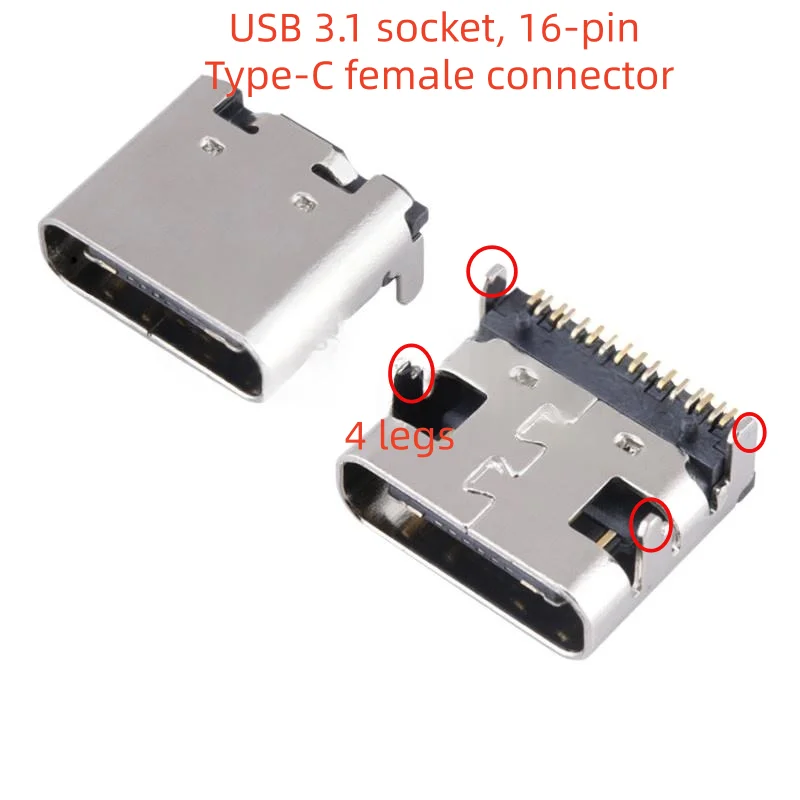 100PCS Surface Mount USB-3.1 Socket SMD 16P Type-C Female High-Definition Transmission Interface 4-Pin Direct Insertion