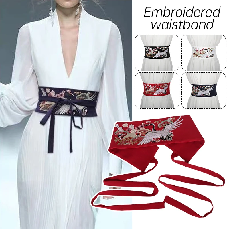 Japanese Kimono Obi Waist Belts Crane Embroidered Self Tie Sash Straps Women Traditional Hanfu Yukata Geisha Kimono Decor Corset