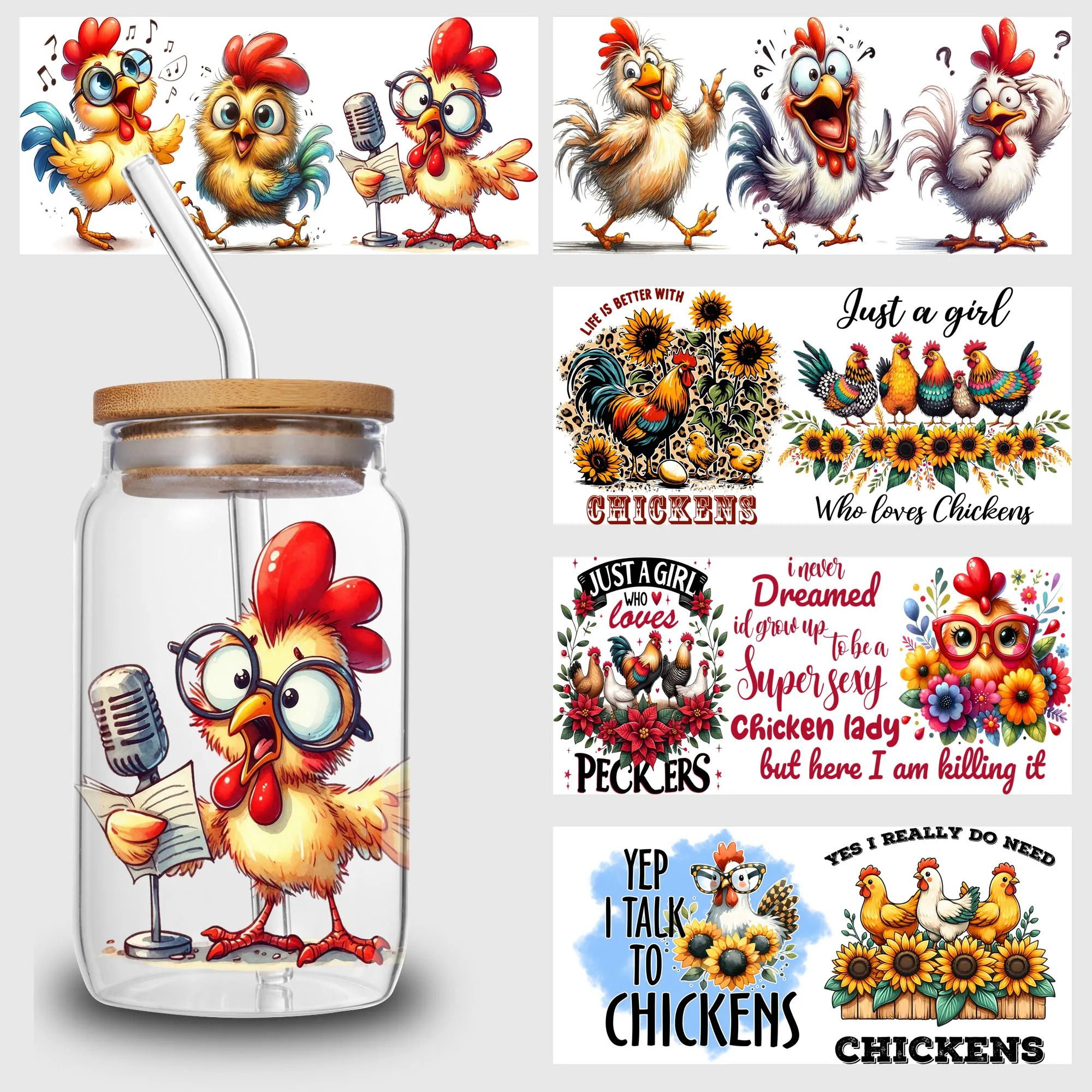 5 Sheets chicken UV DTF Cup Wrap,Sport DTF Transfer Stickers for Glass Cup,Waterproof funny chick Rub on Transfers