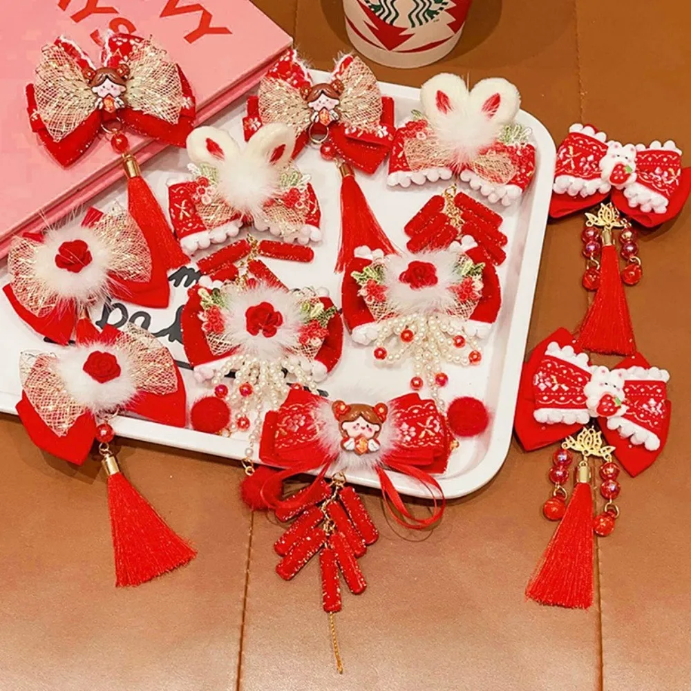 Bowknot Children's New Year Hair Clip Cute Rabbit Red Fringe Hairpin Sweet Tassel Plush Fringe Hairpin Spring Festival