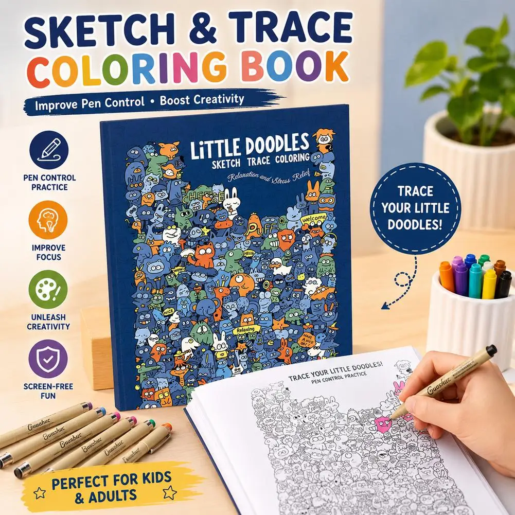  Cartoon Coloring Pages & Tracing Drawing Book Doodles Stress Relief Coloring Book Multi-Purpose Art Activity Drawing Book