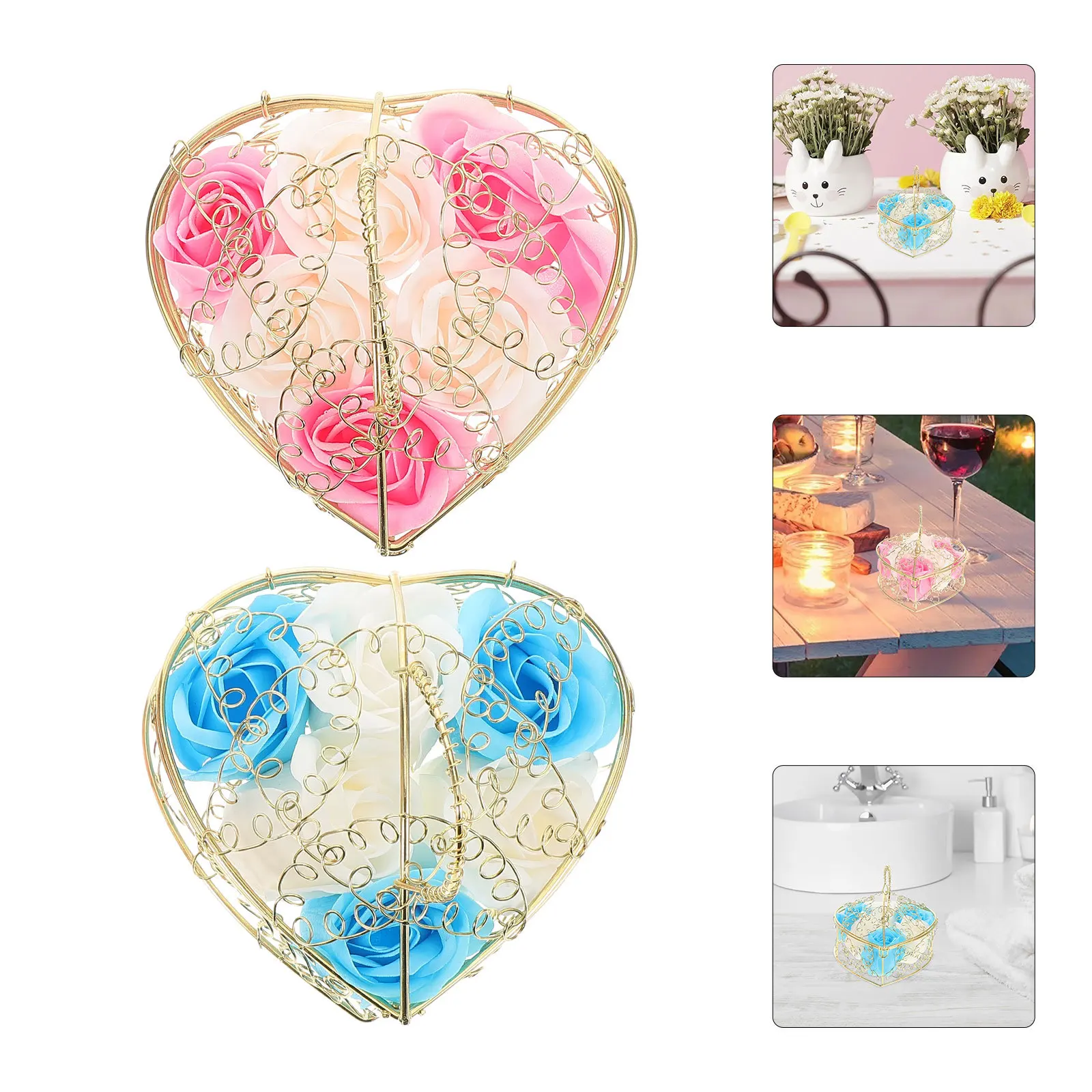 

2Pcs Floral Scented Bath Soap Rose Flower Basket Decorative Soap Roses Iron Basket Gift Set Relaxing Bathroom Decor