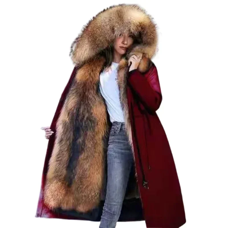 Abrigo por encima de la rodilla de piel extraíble con forro de talla grande, abrigo de algodón para mujer, chaqueta de invierno 2026, Parkas gruesas y cálidas para mujer, prendas de vestir con capucha