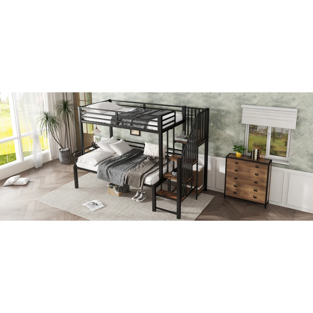PINGGO Eisen-Etagenbett für Kinder und Jugendliche mit Stauraum-Eckschrank, Eisen & MDF, Schwarz Vintage-Holz, 90x200cm 120x200cm, ohne Matratze – Detail 14
