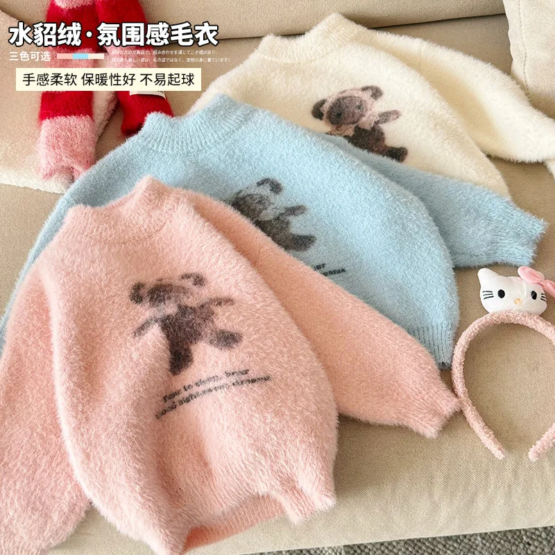 

Children Clothing Kids Soft Comfortable Sweaters New Winter Girls Sweet Cartoon Embroidered Warm Round Neck Knitted Tops