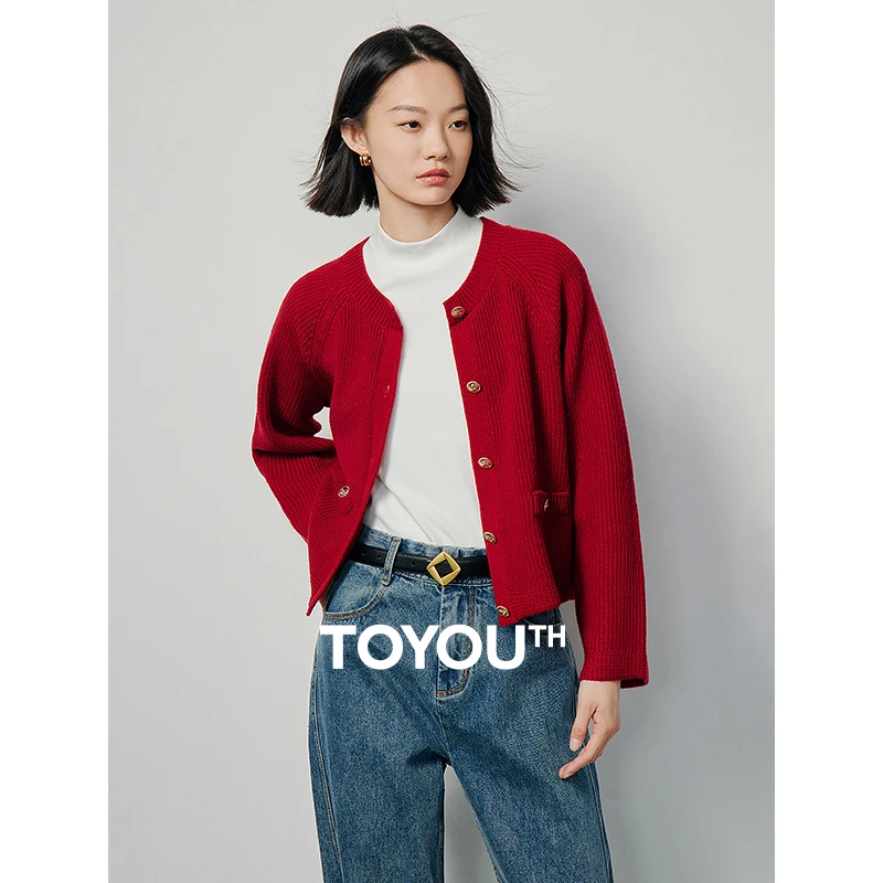 TOYOUTH Women Knitwear Cardigan 2024 Spring O neck Button Closed Solid Color Casual Red Sweater Tops As Gift