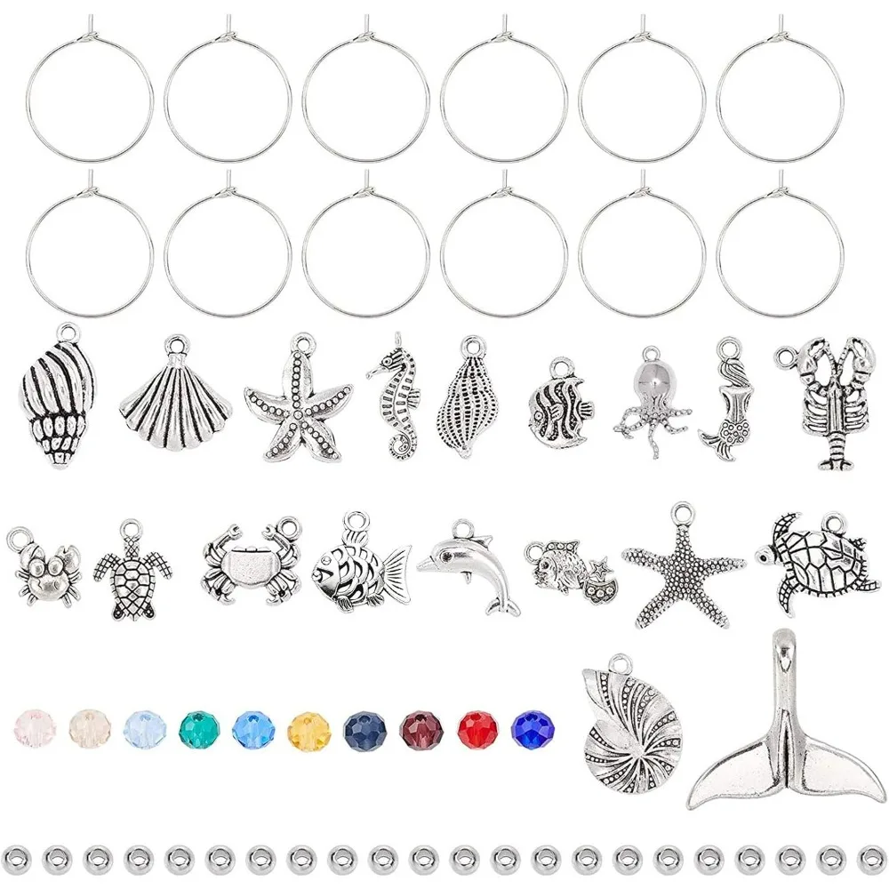 60pcs 20mm Silver Brass Wine Glass Charm Rings with 19pcs Seashell Sea Creatures Charms Pendants 20pcs Transparent Glass Beads