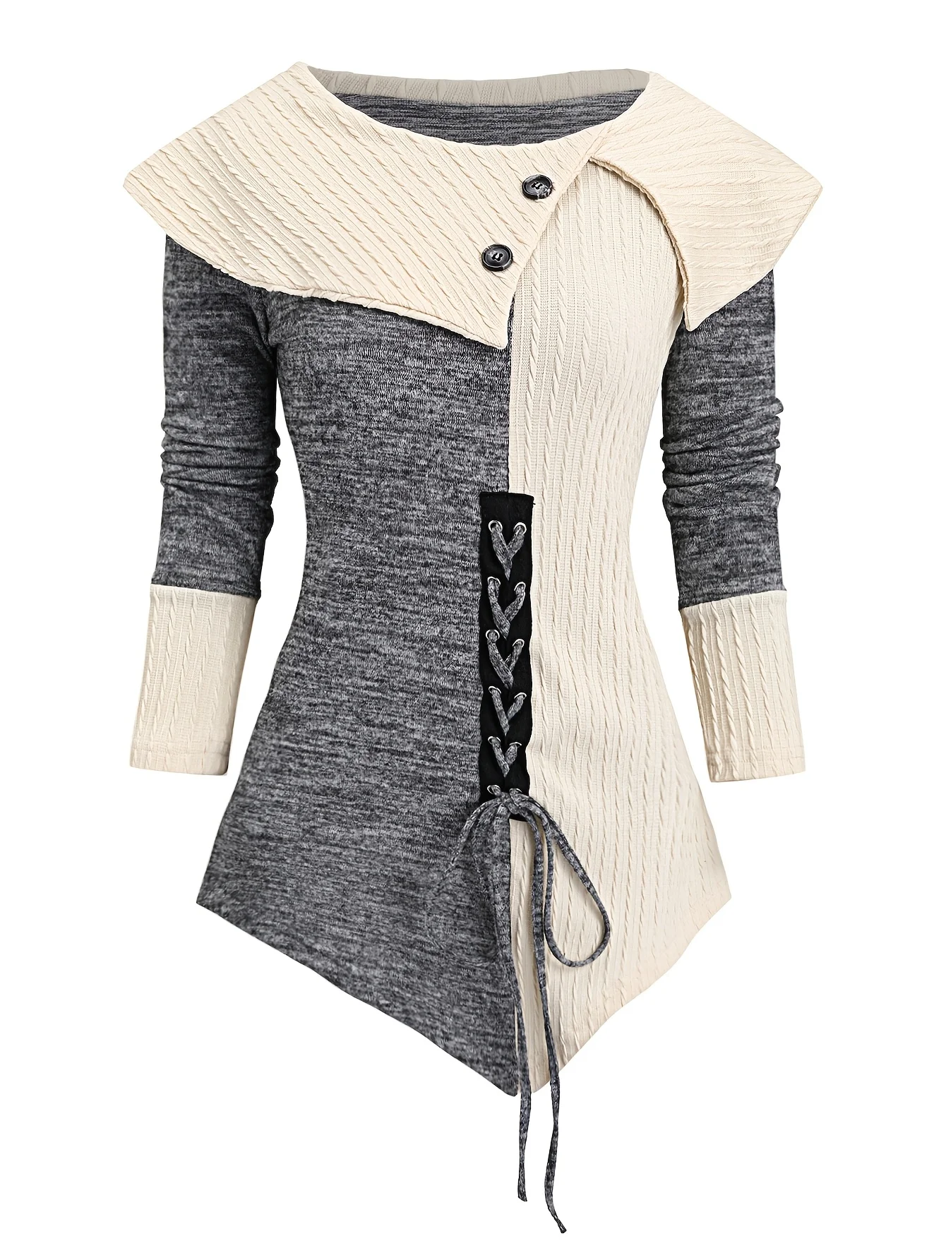 Europe and the United States fashion autumn and winter new lace-up decoration lapel imitation button hem long-sleeved shirt