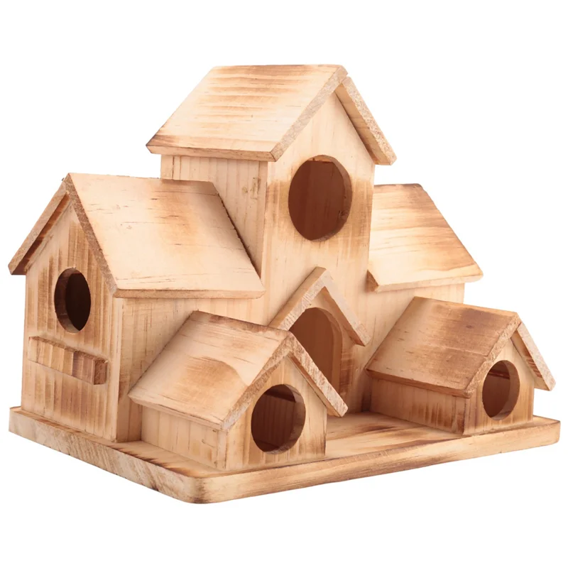 Y50A-Bird House بيوت الطيور الخشبية بيت الطيور خارج للتعليق الخارجي، 6 فتحات منزل الطيور الطبيعي المصنوع يدويًا