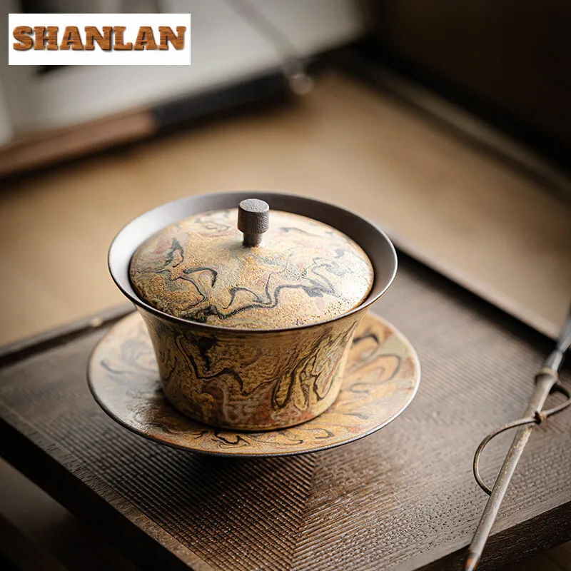 150ml Colored Mud Cover Bowl Dunhuang Oil Painting Gaiwan Handmade Tea Tureen Vintage Tea Maker Cha Kung Fu Teaware Decoration