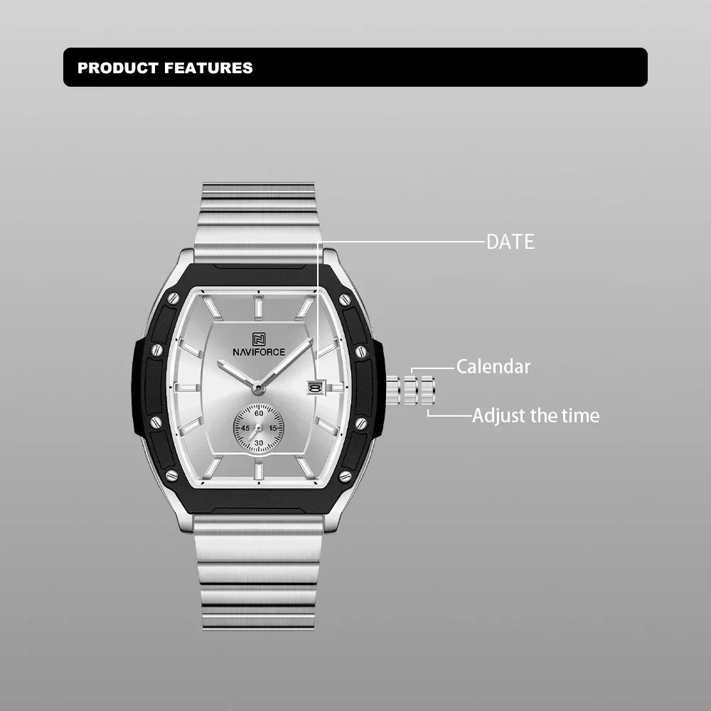 NAVIFORCE NF8068 恋人のファッション高級スポーツクォーツスクエアスチールバンド防水合金クリスタルカジュアルカップル時計