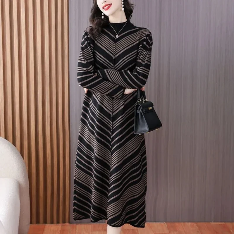 فستان أنيق مخطط منسوج برقبة عالية وأكمام طويلة للنساء موضة الخريف والشتاء فستان طويل مناسب ومضيئ مع #1
