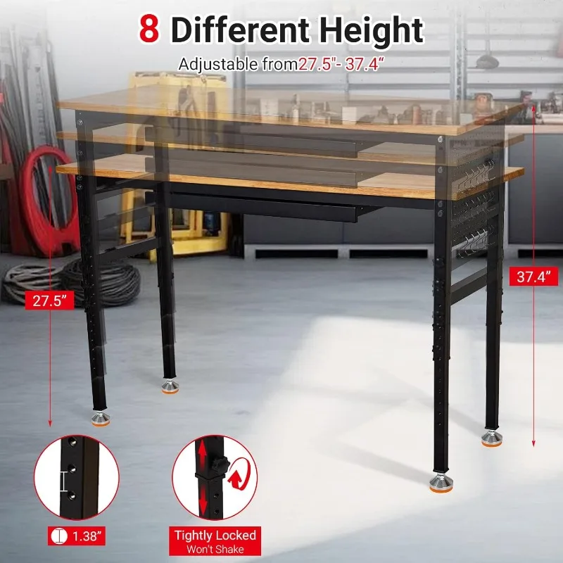 60" Adjustable Workbench with Drawer & Power Outlet,2200 Lbs Load Capacity Capacity Work Table,Heavy Duty Work Bench,Sturdy Stee
