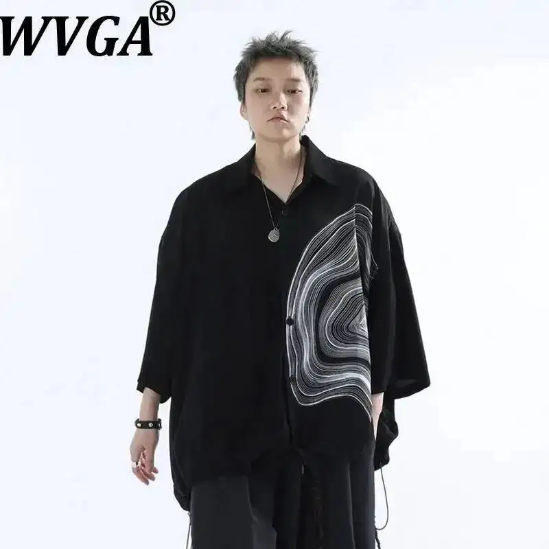 WVGA Summer New Men Tide Cool Versatile Dark Wear Trendy Medium Sleeved Shirt Niche Chic Casual Turn-Down Collar Tops Ins W26201