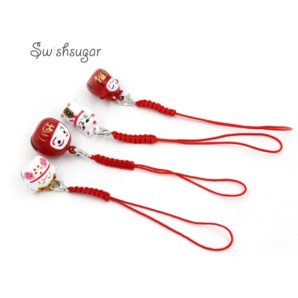 1pc Daruma Manekineko Jingle Bell Charm Pendant With Lobster Clasp String Kids Women Men Bag Cellphone Pendan Jewelry Gift Favor