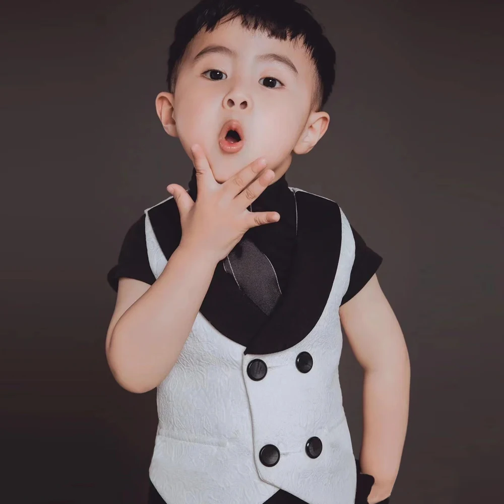 Boys Vest Dress Suit Black White Wedding Birthday Party Performance Photography Costume Kids Waistcoat Shorts Bowtie Outfit