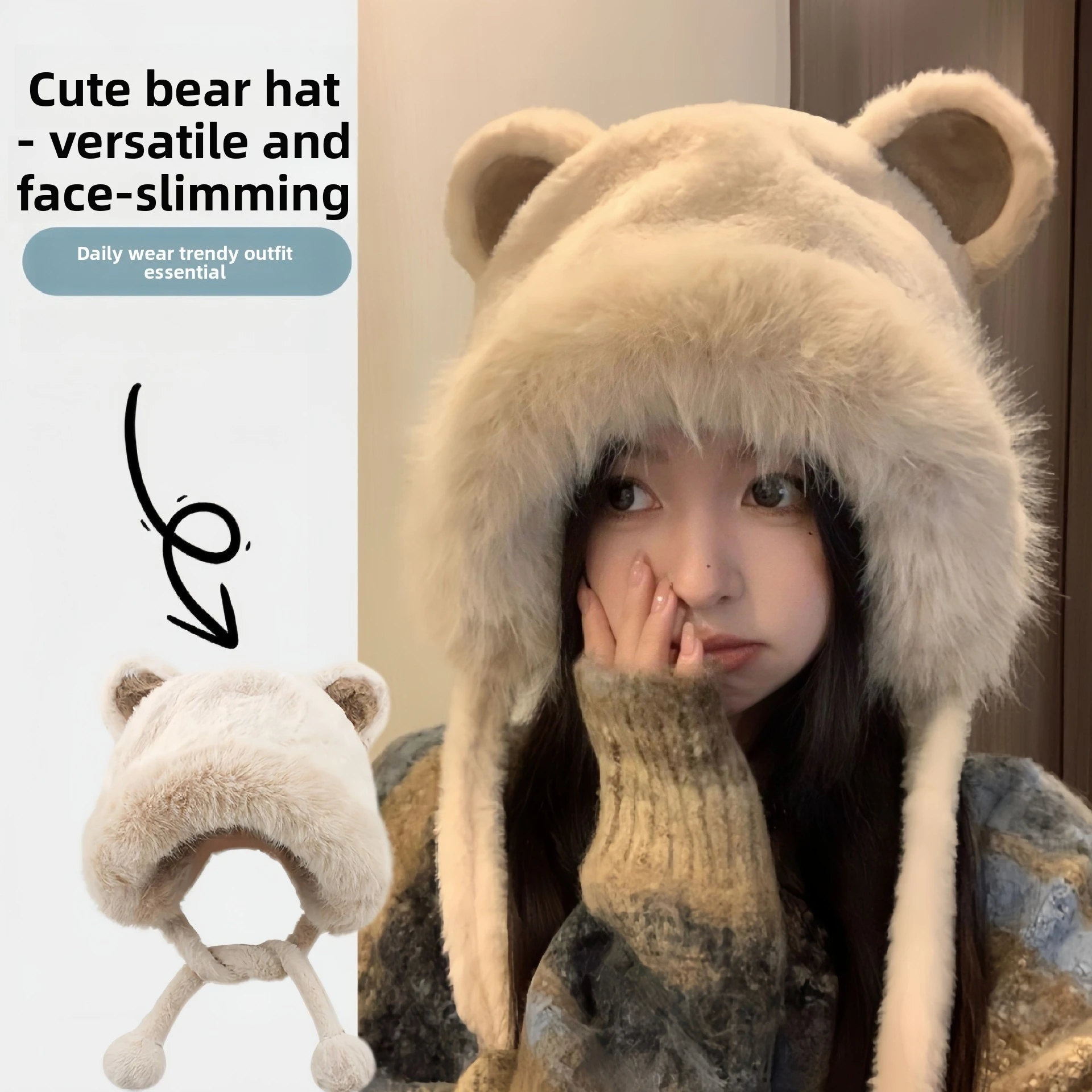 Cold Resistant Hearing Protection Plush Bear Earflap Beanie Hat for Women Thick Warm Protective Autumn Winter Versatile