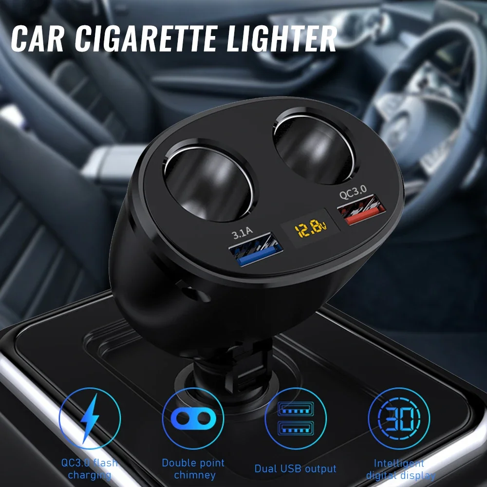 Car Cigarette Lighter Adapter 2-Way Dual USB Charger Socket Fast Charging Splitter 180 Degree Rotation 12V-24V Car Charger