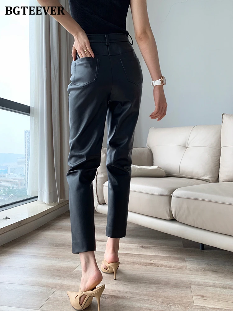 BGTEEVER Fashion Loose Pockets Women PU Leather Trousers High Waist Single Button Ladies Straight Pants Spring Autumn