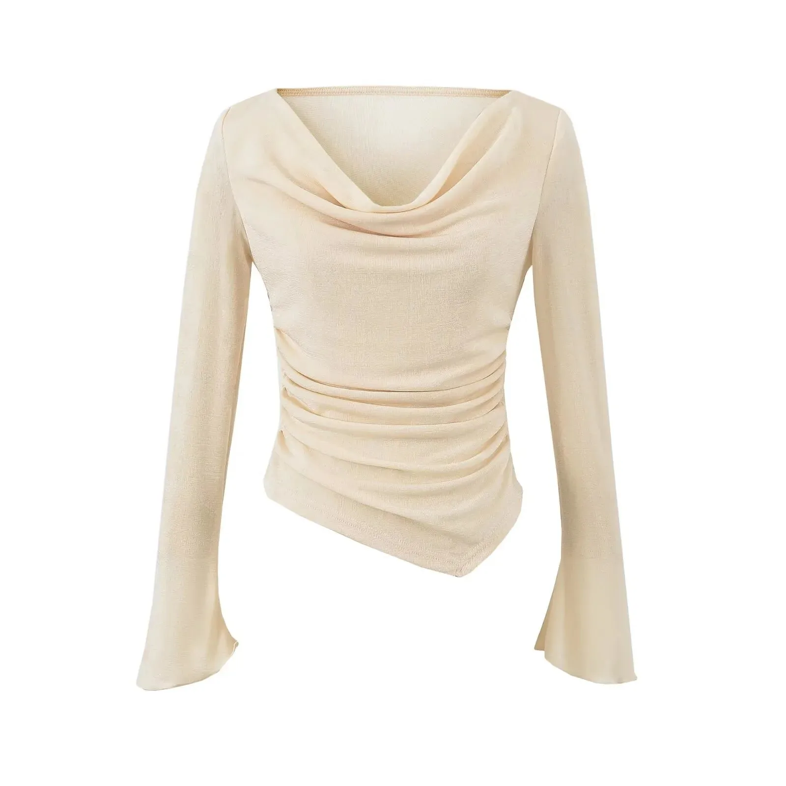 

Spicy Girl Sexy Swing Collar Off-Shoulder Flared Sleeve Long Sleeve 2025 Autumn Winter New Slim Fit Ruched Waist Short Top AJIK