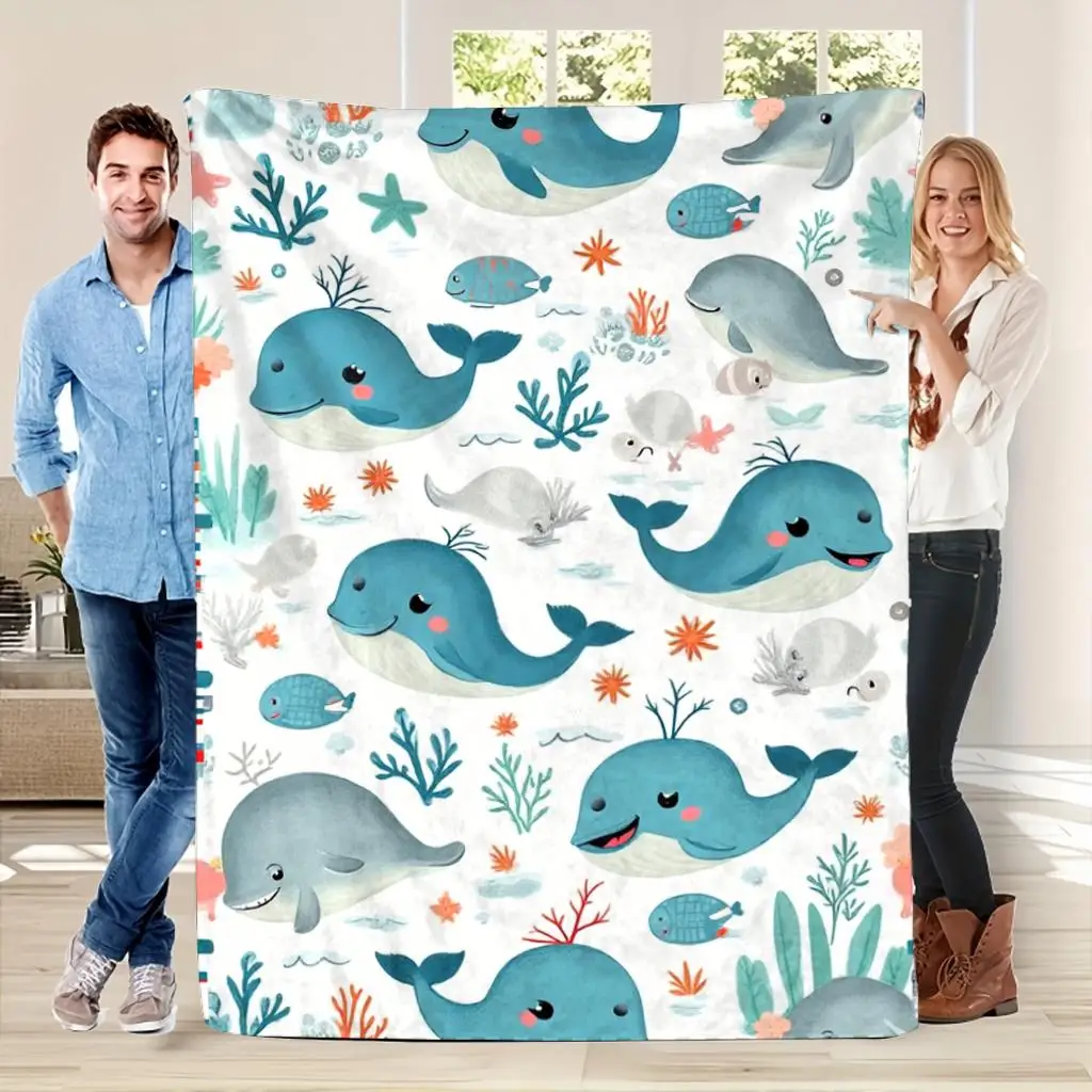 Cute Cartoon Whale Flannel Throw Blanket, Underwater Sea Creature Print Soft Warm Blanket for Sofa Bedroom Home Decor