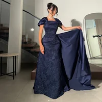 Vestidos de Noche con cuello cuadrado personalizados, manga corta, espalda descubierta, apliques de encaje con lentejuelas, vestido de fiesta de sirena azul marino