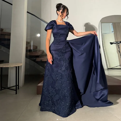 Vestidos de Noche con cuello cuadrado personalizados, manga corta, espalda descubierta, apliques de encaje con lentejuelas, vestido de fiesta de sirena azul marino