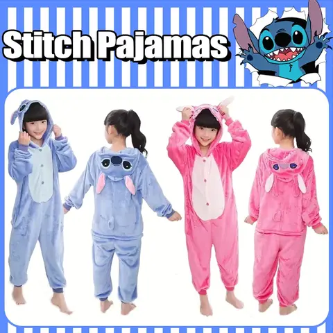 Kawaii Stitch Plush Pajamas Children Autumn Winter Warm Cosplay Angel Flannel One-Piece Pajamas Home Clothes Set Christmas Gifts