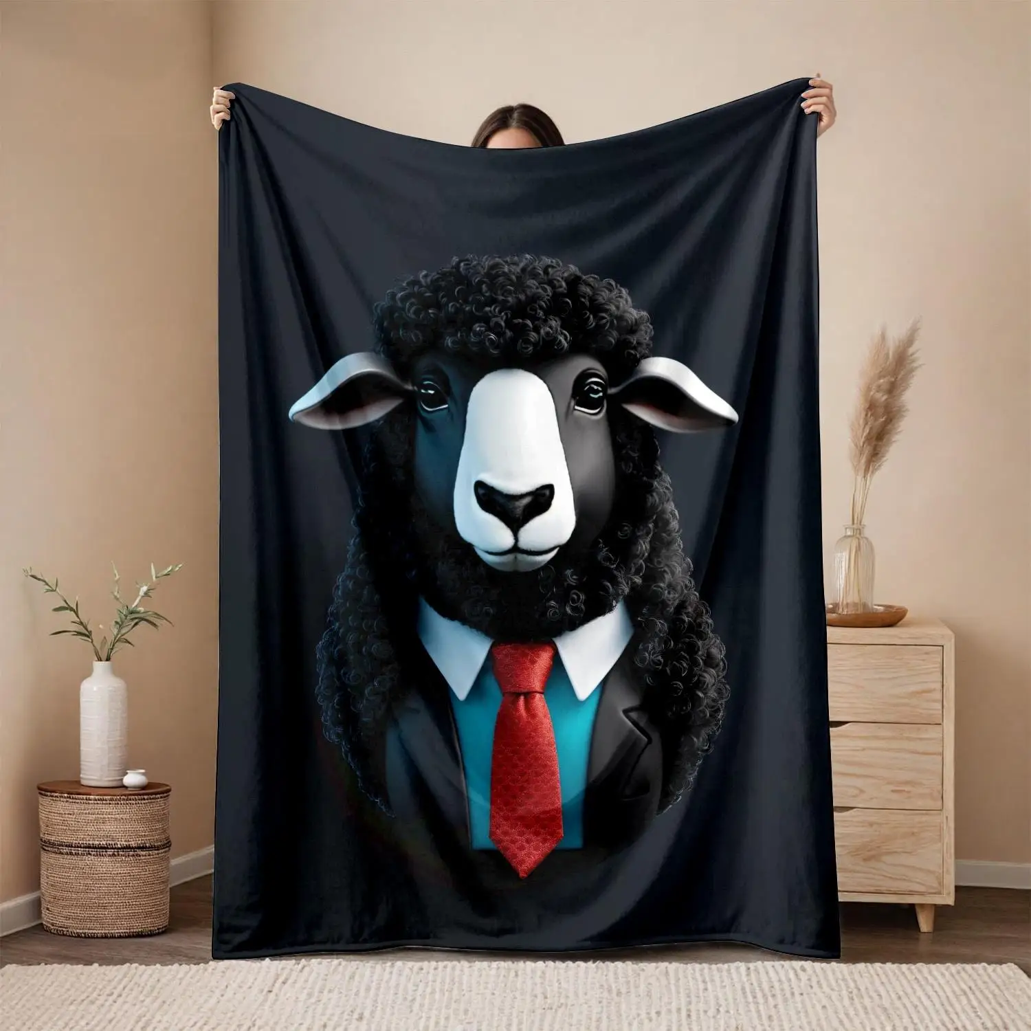 Shirt with tie featuring sheep pattern Flannel printed blanket suitable for all seasons for living room office sofa and travel