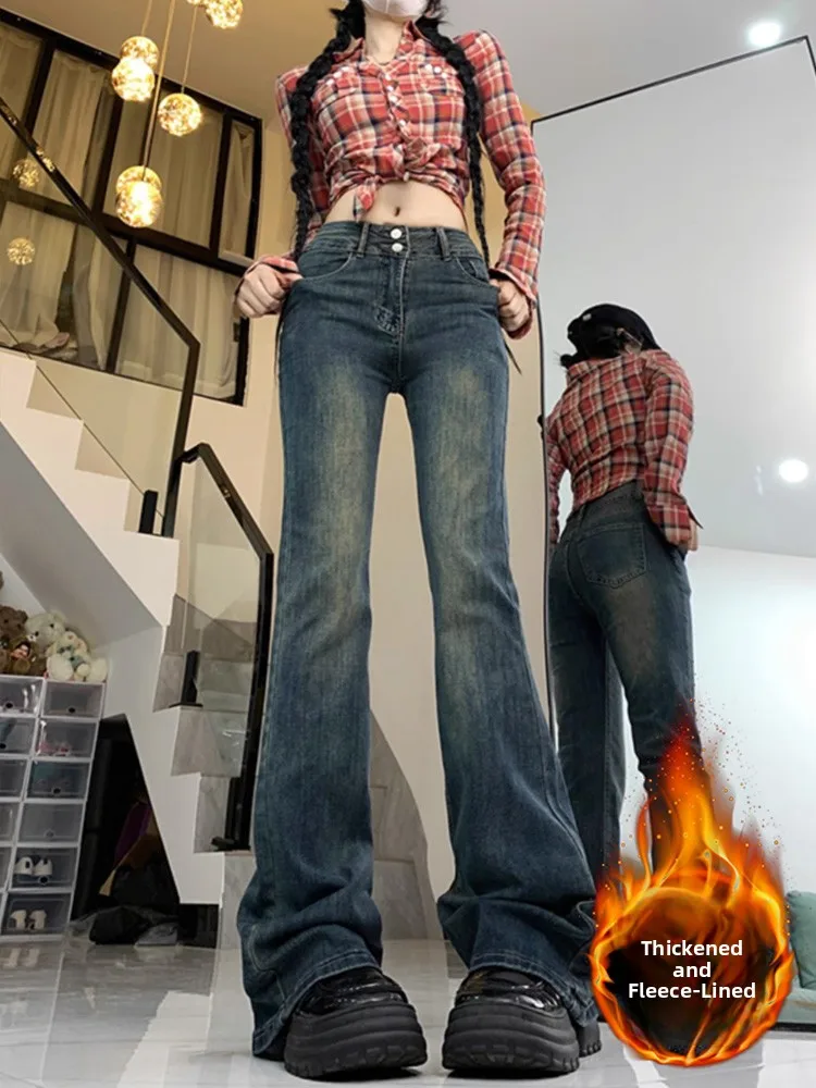 حجم كبير Fce اصطف متوهج الجينز المرأة عالية الخصر مطاطا التخسيس Bootcut الدنيم السراويل ملابس شتوية القطن تمتد الدنيم