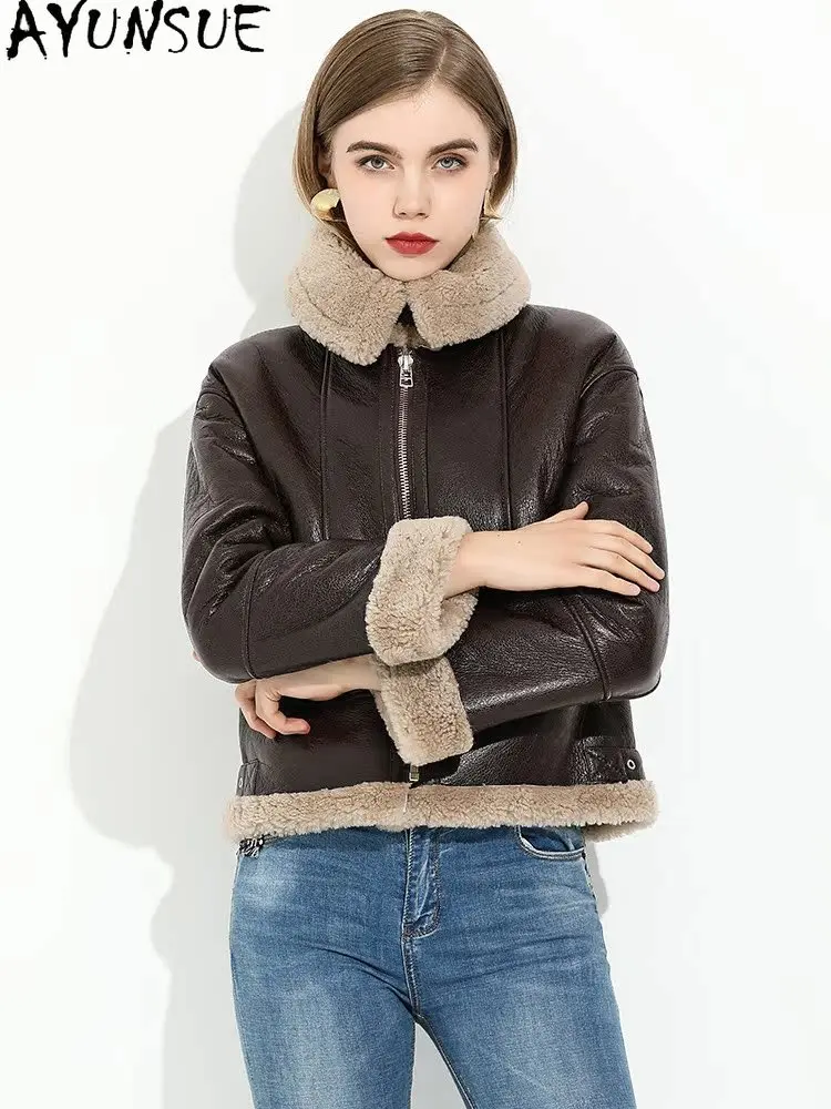 AYUNSUE 2025 جديد شيرلينغ سترة امرأة 100% سترات من الصوف الطبيعي للمرأة ملابس موضة سترة فرو الضأن امرأة كوفاتا ميسهوم