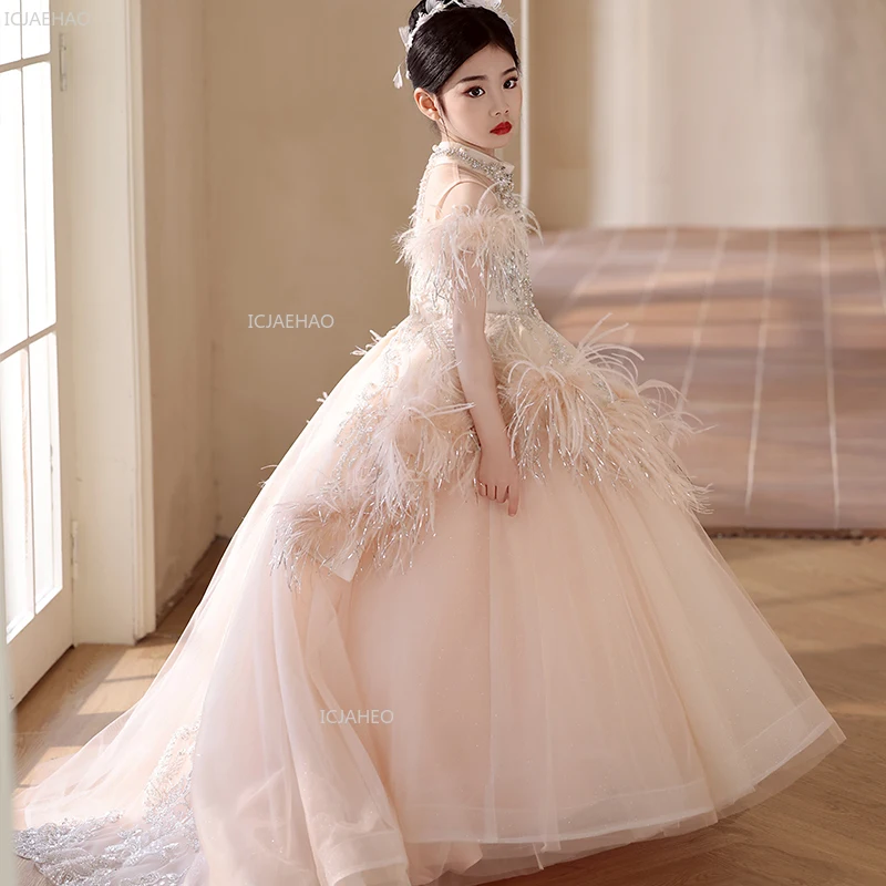Fashion Pink Flower Girl Dress Kids Girls Princess Party Gown for Wedding Children Birthday Show Piano Performance Host Costume