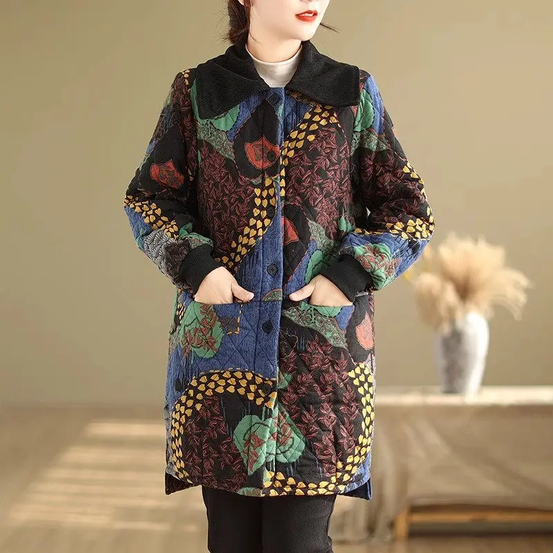 Autumn Winter Women's Floral Plush Cotton Jacket Medium Length Contrasting Colors Ethnic Style Coat Retro Warm Windbreaker Z3653