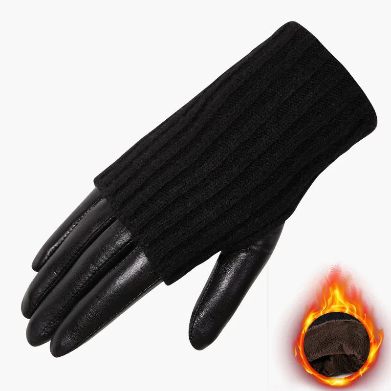 Luvas de couro real de pele de cabra feminino inverno lã de malha pulso condução térmica plushed estilo de comprimento médio luvas femininas R-018