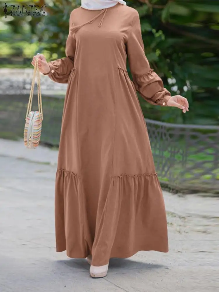 

Autumn Women Solid Long Dress ZANZEA Muslim Abaya Fashion Robe Ruffles Maxi Dresses Turkey Kaftan Maxi Sundress Holiday Vestidos