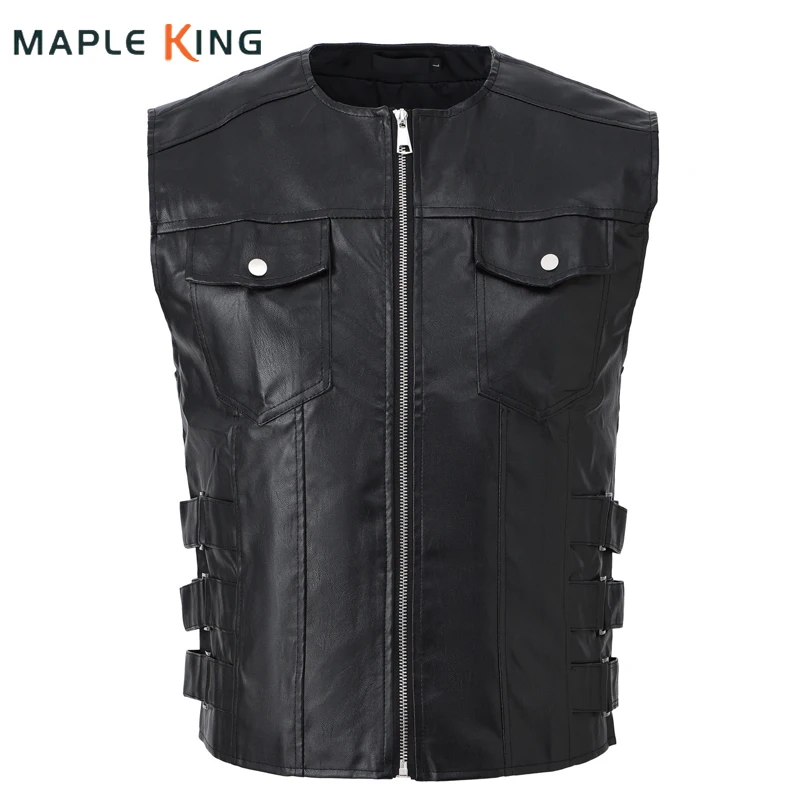 Motorcycle Vest Leather Waistcoat for Men Sleeveless Jacket Vintage Multiple Pockets Zipper Victorian Gothic Steampunk Men Vests
