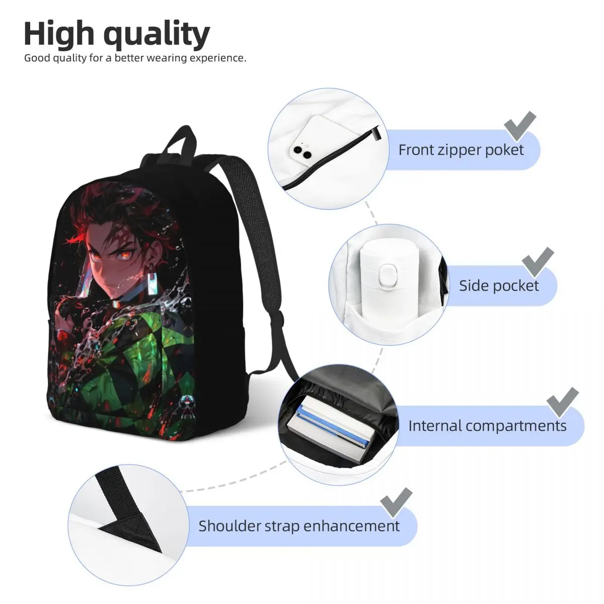 Demon Slayer Backpack Elementary High College School Student Tanjiro Kamado Anime Bookbag Teens Daypack Gift