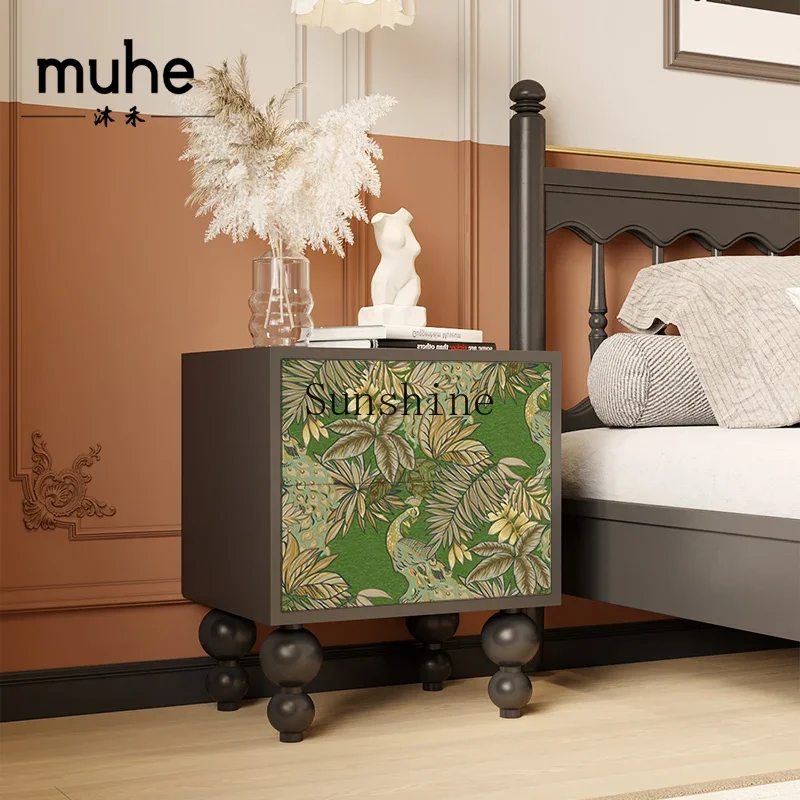 European simple modern green flowers and birds solid wood storage drawer storage bedside table